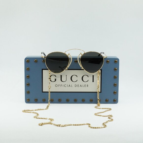 Gucci GG1034S 002 Geometric Sunglasses - Gold with Chain/Grey - Picture 3 of 10